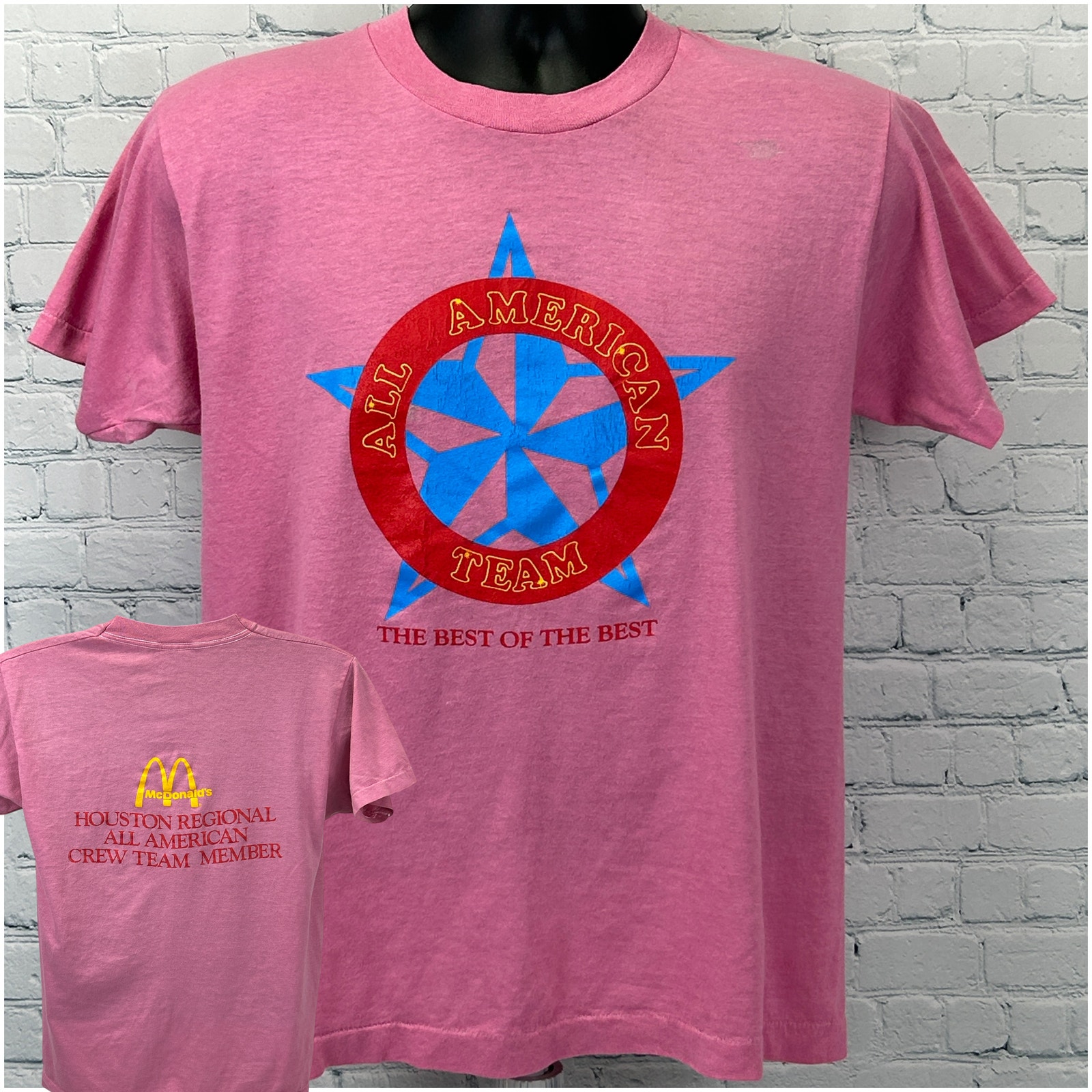 Vintage 80s Mcdonalds All American Team T Shirt Pink Houston Usa Mens M Medium
